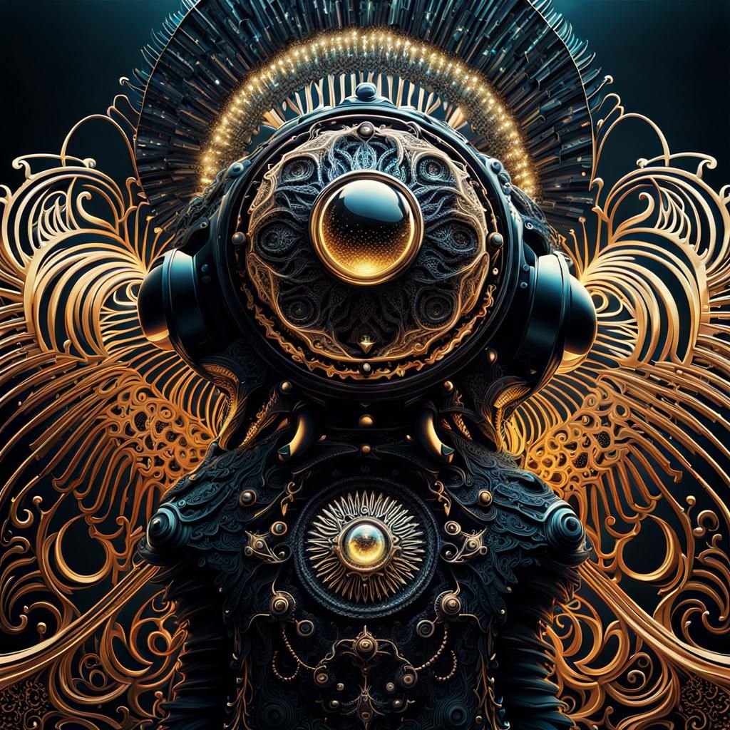 Mystical cyborg rising , intricately wrought from ferrofluid. cinematic lighting, glitter : extreme detail : intricate m...