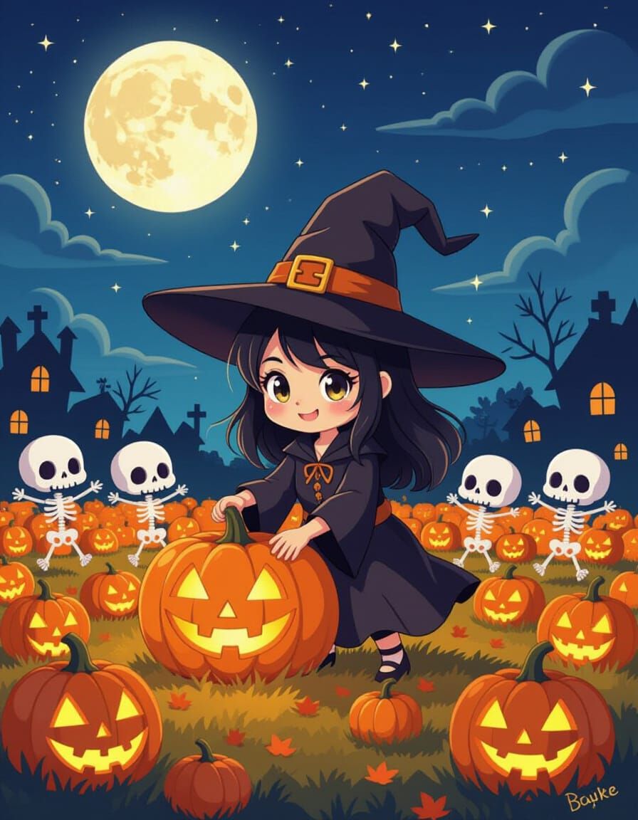 Cute Voodoo Witch Doctor Harvesting Pumpkins on Halloween Ni...