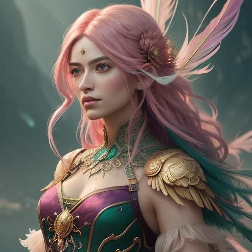 Woman with Pink Peacock Feather Hair: Concept Art