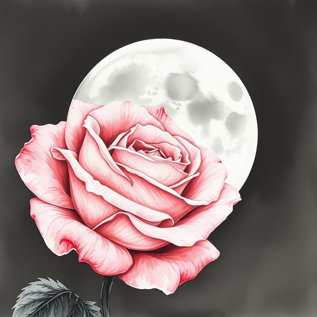 Pink Rose Blooming Before Full Moon, Watercolor Style