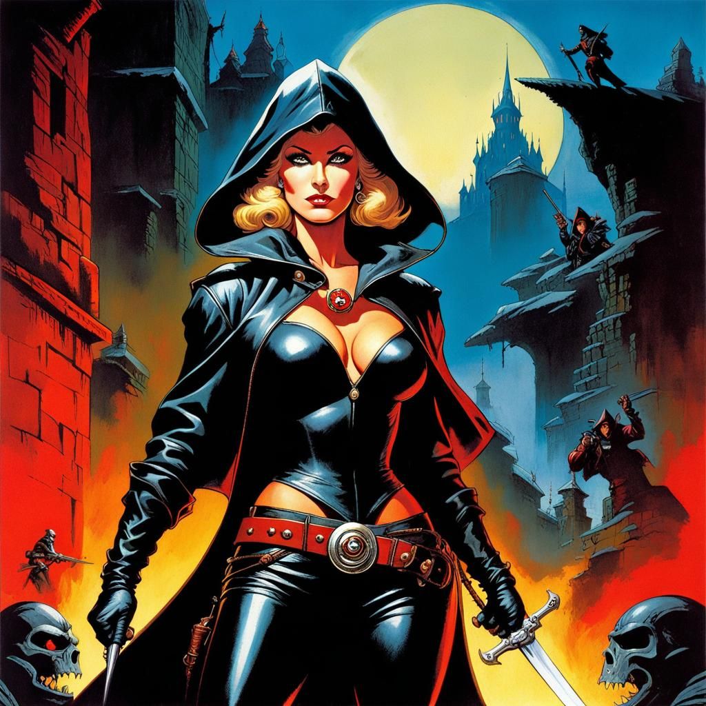 Dangerous Hooded Assassin in 80s Comic Style