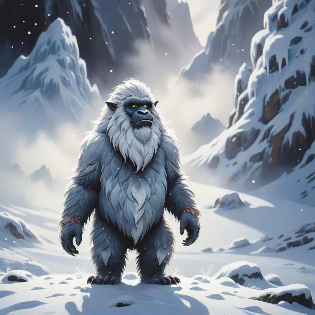 Yeti in Snow: Gouache Painting Close Up