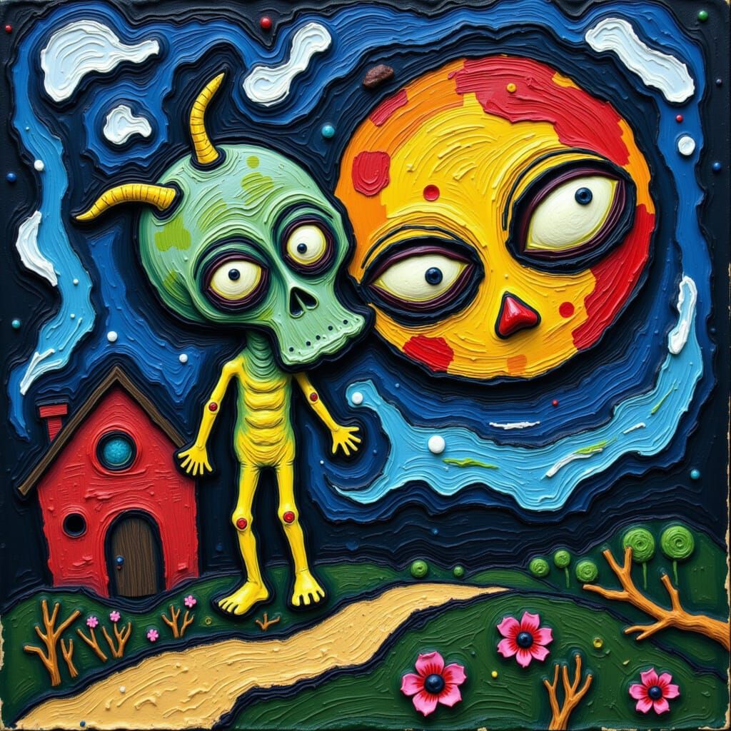 Grotesque Childlike Moon Painting in Naïve Art Style
