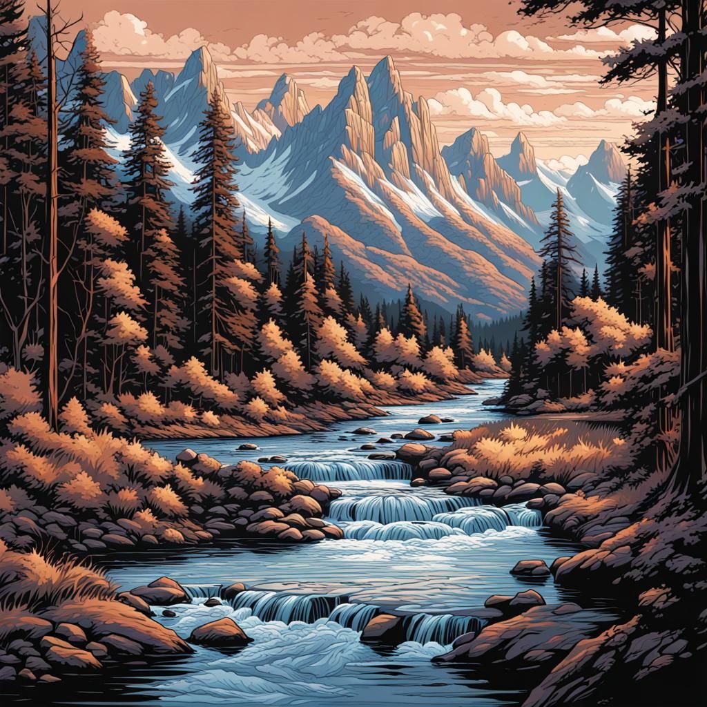 Paint by Numbers River and Mountain Scene