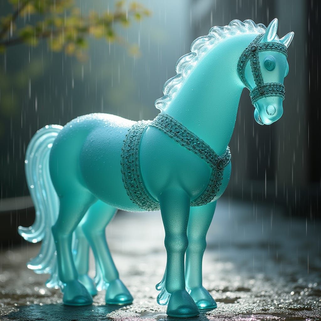 Turquoise Glass Horse in Rain, Ethereal Glow