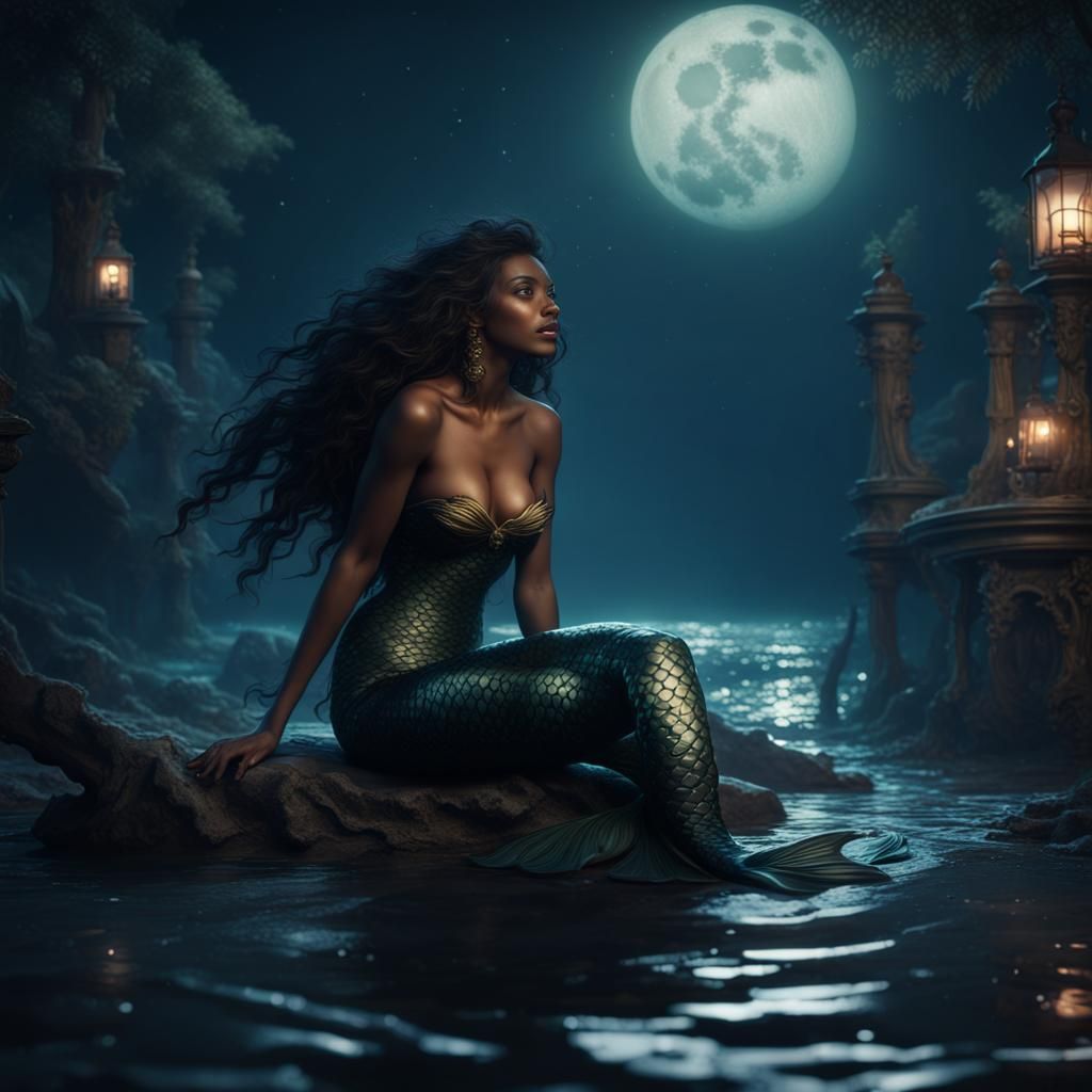 A beautiful black mermaid In the moonlit night's embrace