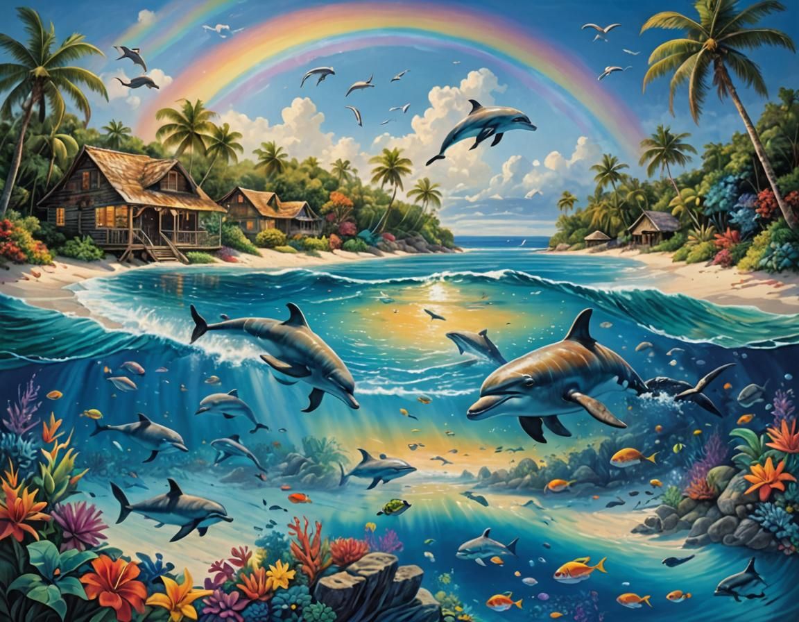 Vibrant Tropical Beach Scene with Dolphins and Shipwreck