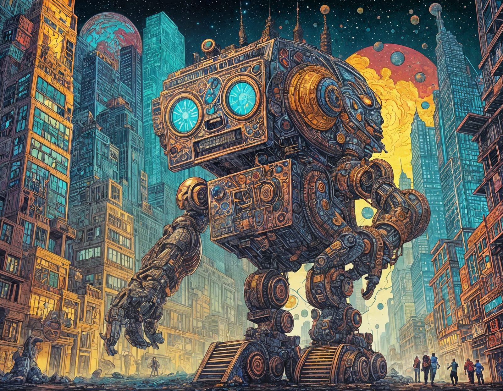 Whimsical Robot Explores Cosmic Cityscape in Vibrant Splash ...