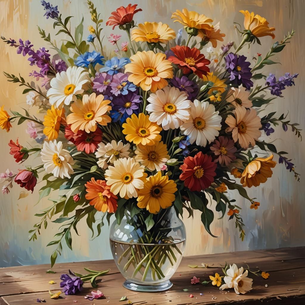 Colorful Flowers on Table as Impressionist Oil Painting