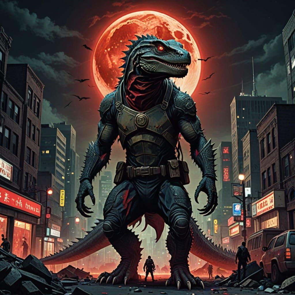 Giant Lizard Man in Apocalyptic City