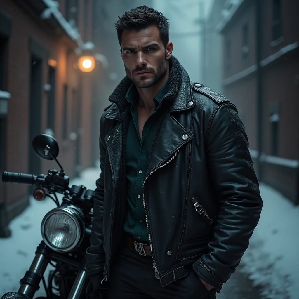 Rugged Biker Stands Confidently in Snowy Alleyway at Night