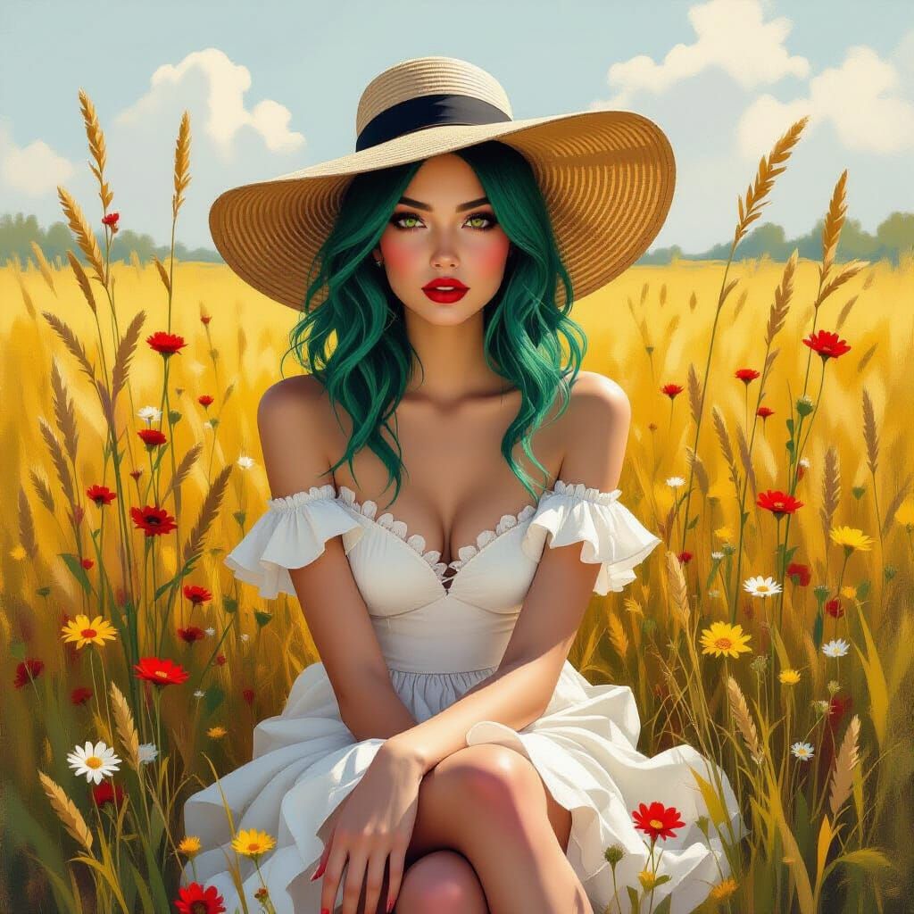 Elegant Woman in Field, Baroque Lighting and Textures