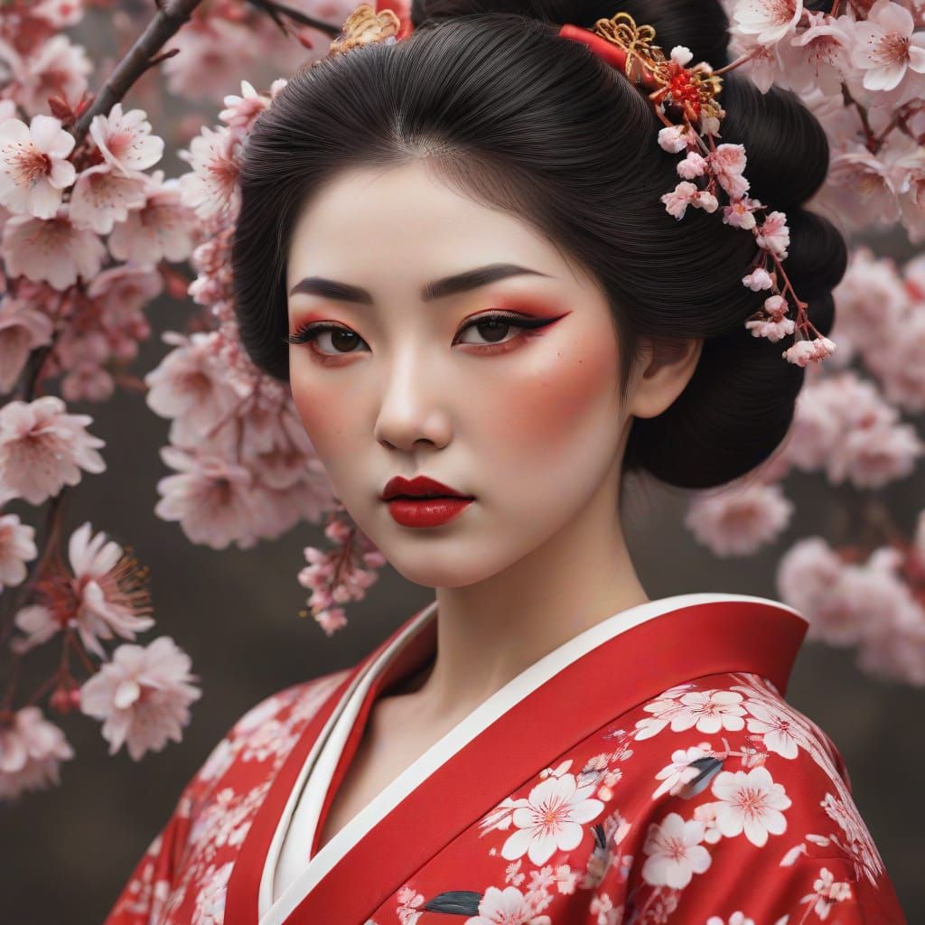Ethereal Geisha in Cherry Blossoms: Photorealistic Portrait