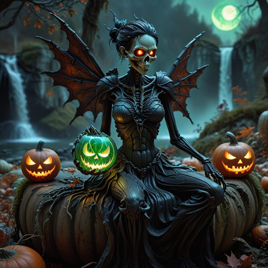 Fiery Skeletal Fairy Holds Orb on Pumpkin
