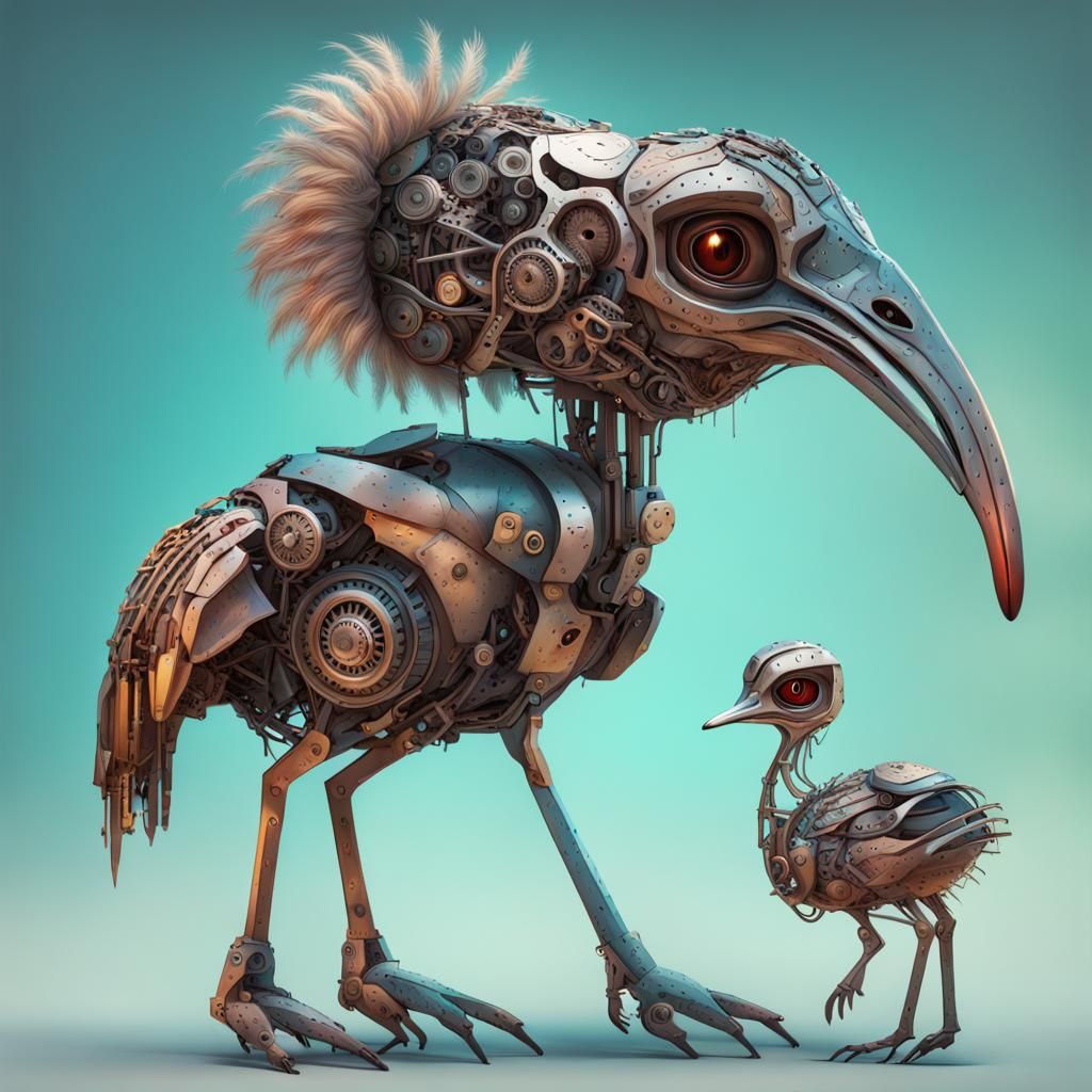 Mechanical Ostrich-Owlet Hybrid in Hyperrealistic Style