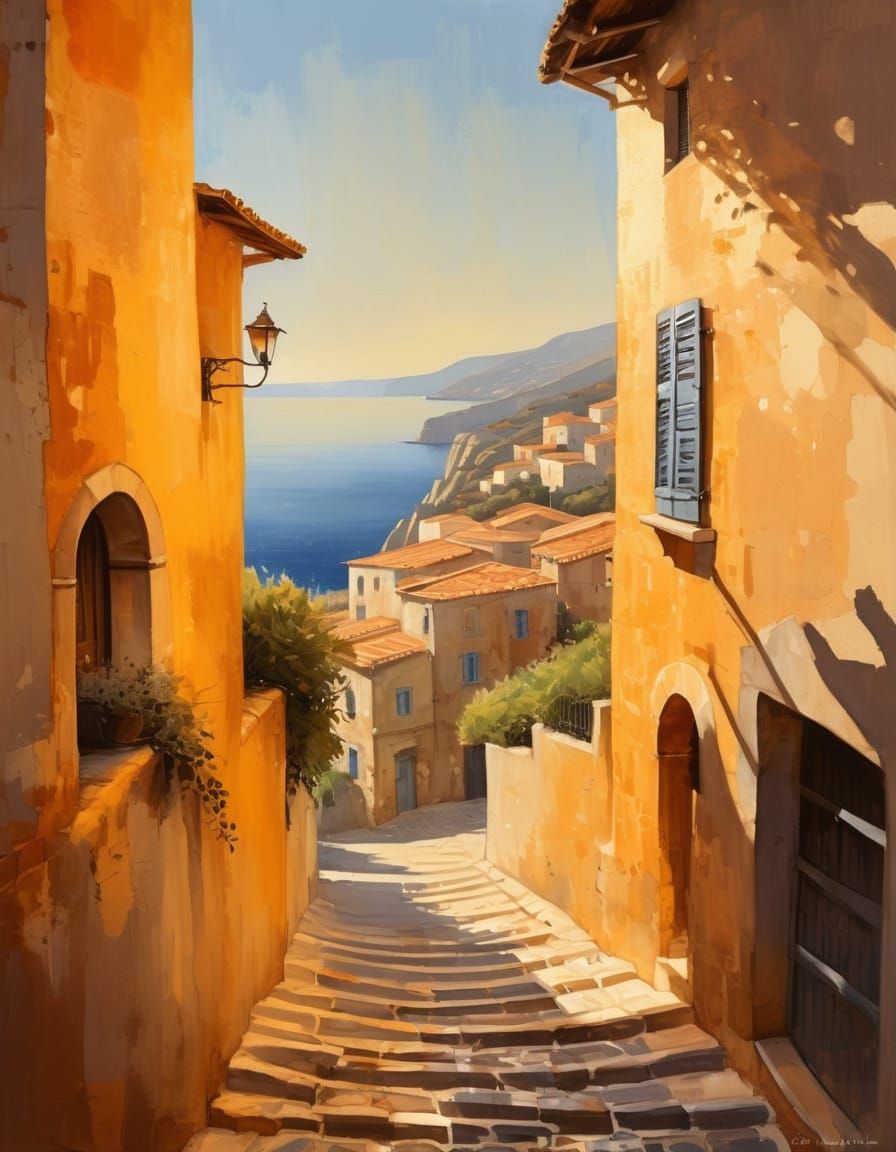 Impressionist Watercolor of French Coastal Village Street