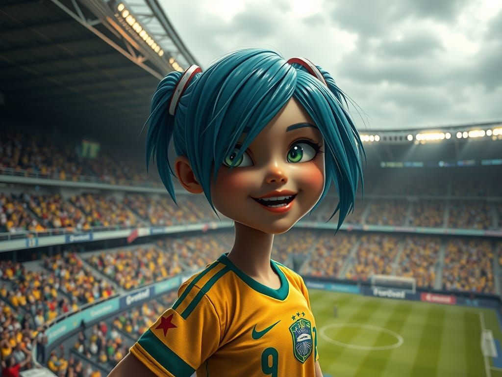 Brazilian Hatsune Miku Cheers in Hyperrealistic Digital Art