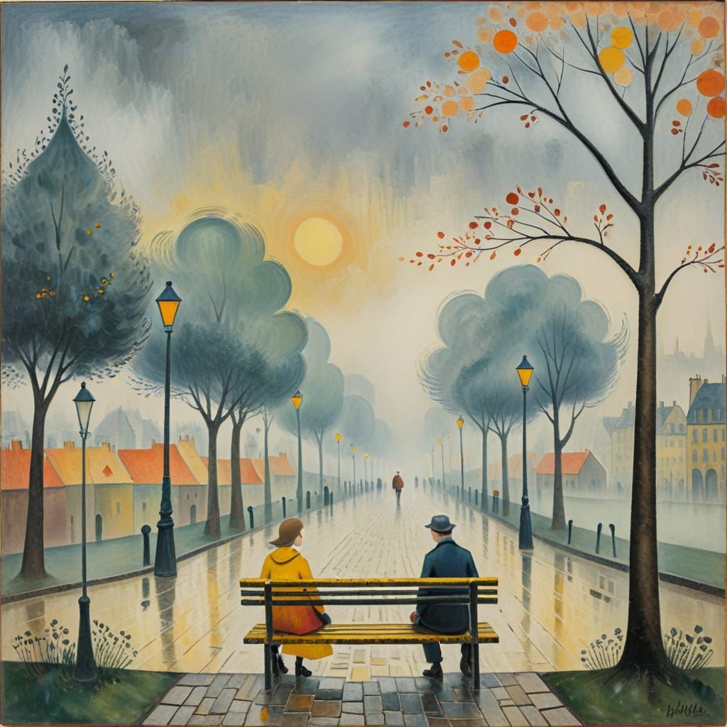 (bench in Paris:1.5), Paul Klee and Marc Chagall, (paved road in the fog:1.2), yellow and tangerine dominant, oil on can...