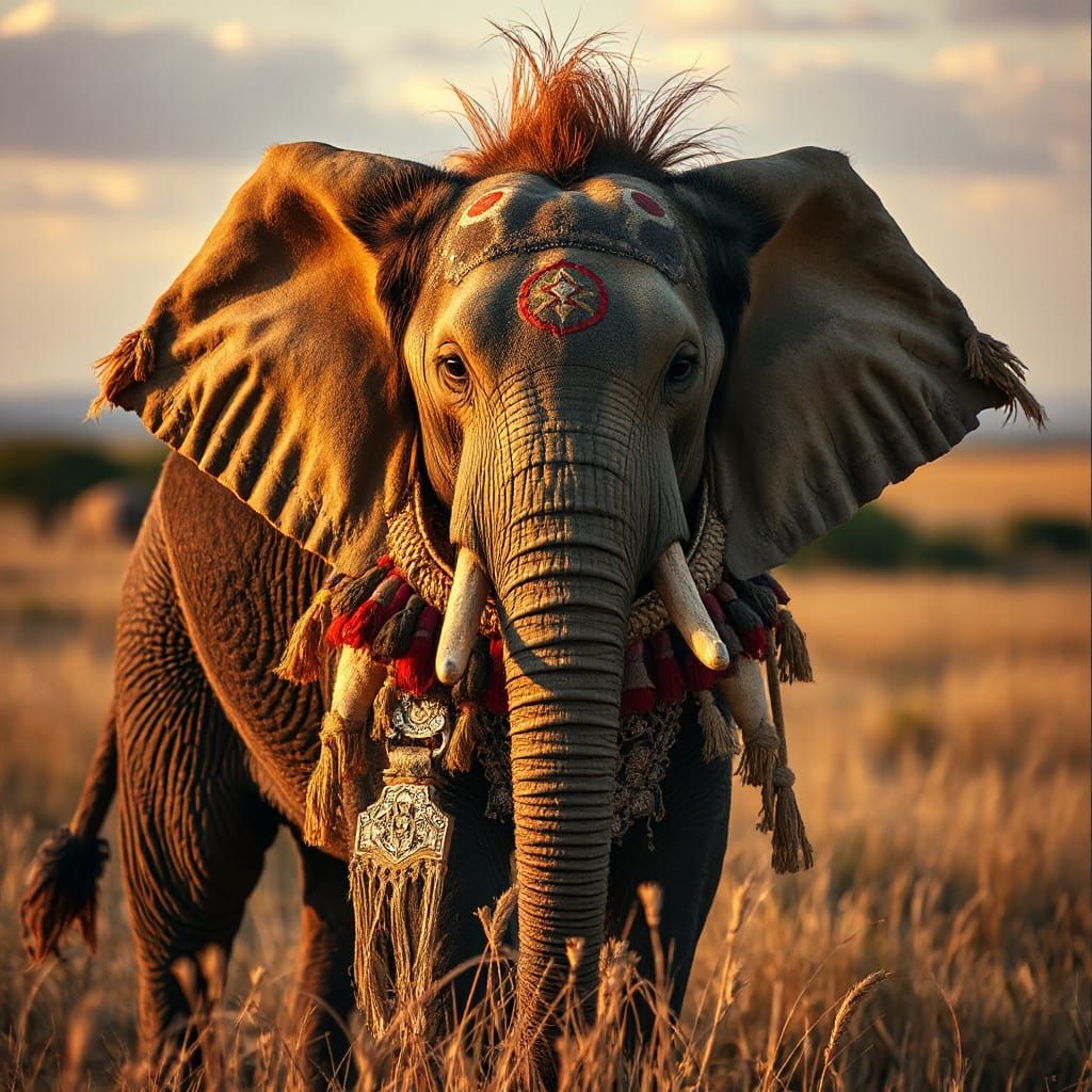 Majestic Lion-Elephant Hybrid in Golden Savannah at Dusk