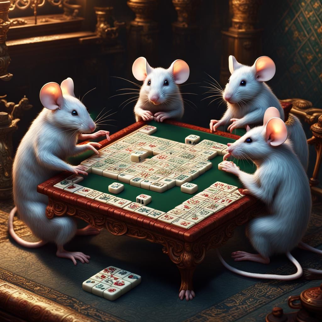 Mice Play Mahjong in Detailed Fantasy Art