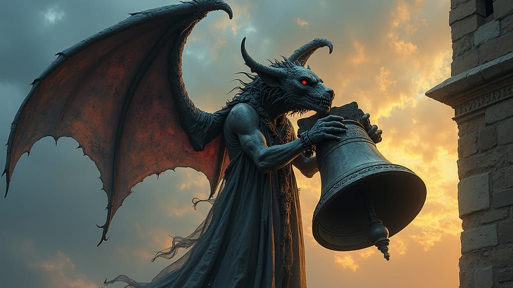 Gothic Gargoyle Crashes Bell in Twilight Sky
