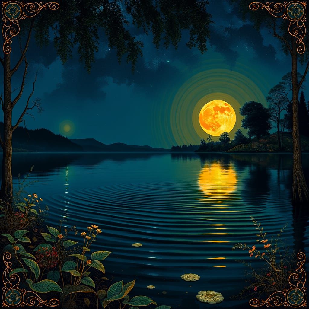 Dreamlike Lake Scene in Klimt's Ornate Style