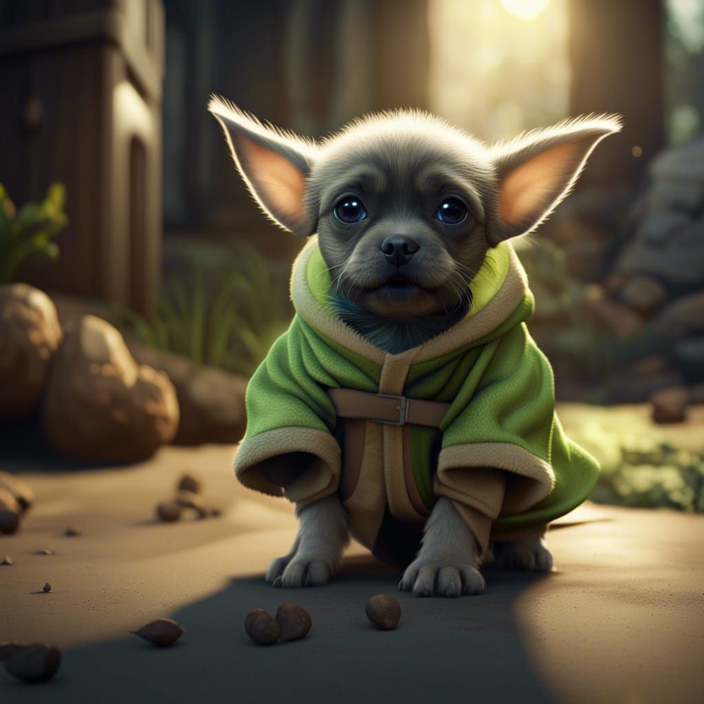 Puppy in Baby Yoda Costume: Detailed Fantasy Art