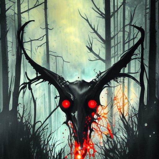 Evil Goat Skull in Dark Forest: Digital Horror Art