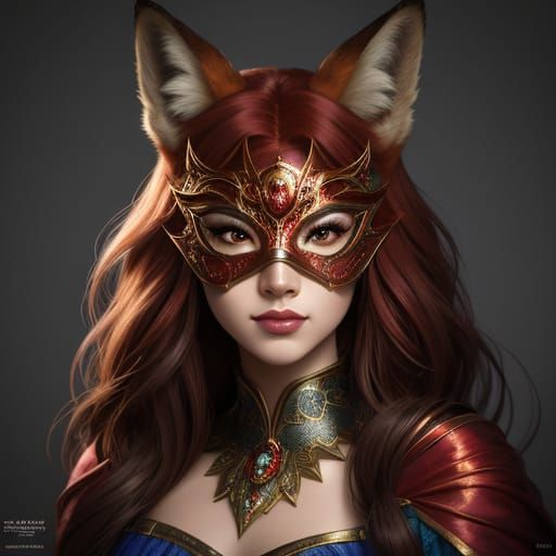 Disney Princess in Red Luxury Fox Mask Pencil Portrait