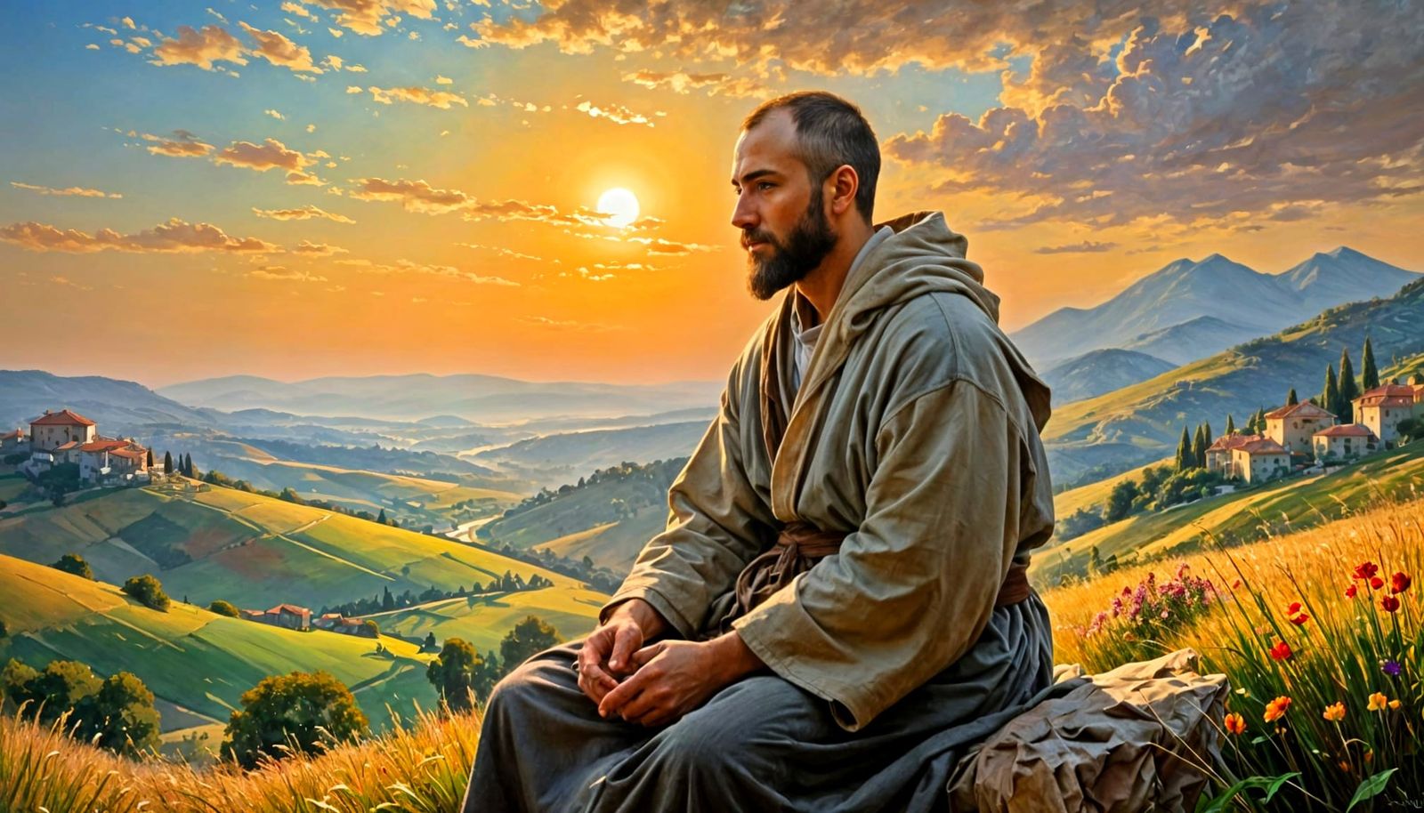 Monk Contemplating Sunset Over Italian Highlands in Impressi...