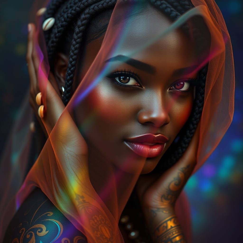 Ebony Goddess with Vibrant Tattoos and Rainbow Veil