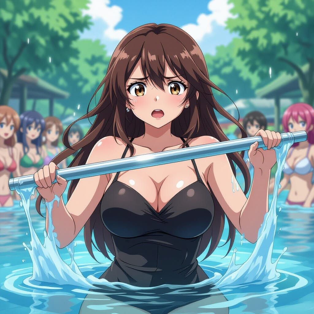 Anime Woman's Dramatic Transformation at Water Festival