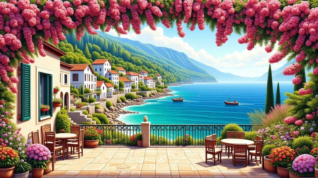 Mediterranean Terrace with Bougainvillea and Sea View
