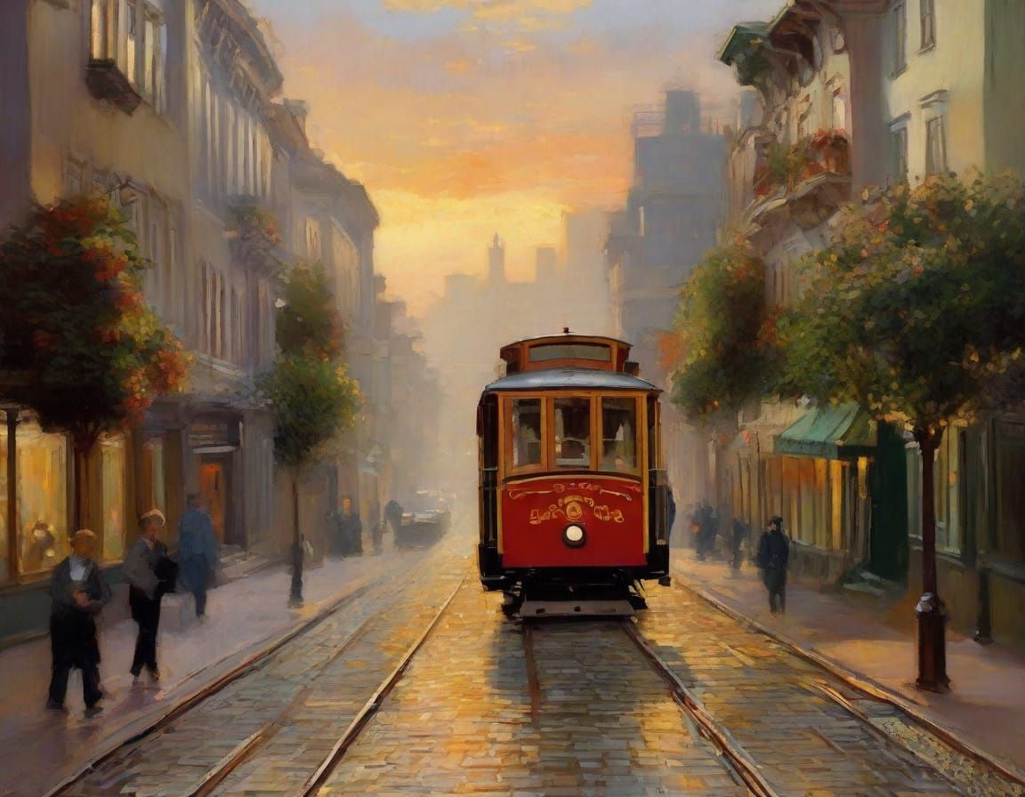 San Francisco Cable Car Ascends Golden Sunset