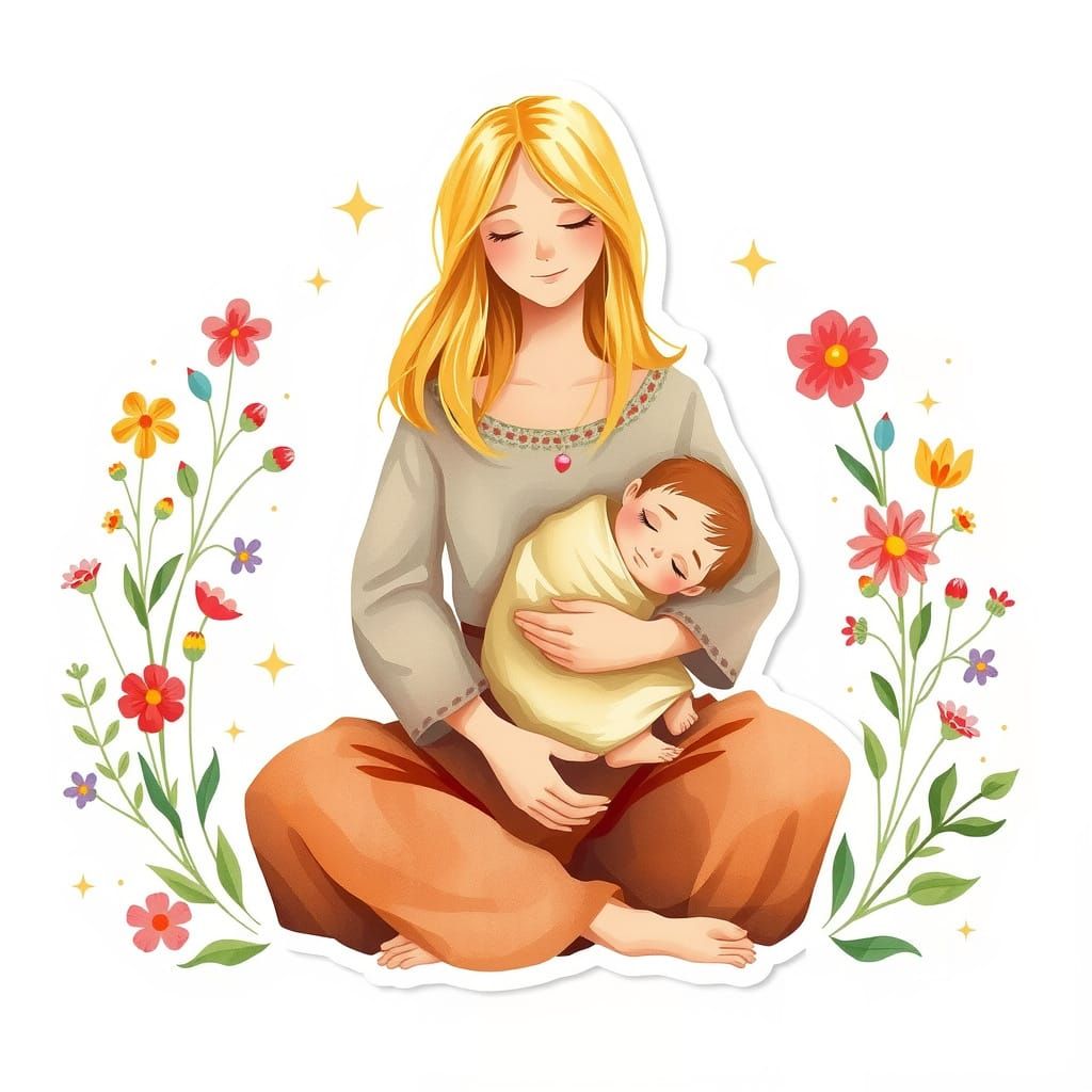 Whimsical Boho Mother and Baby Watercolor Illustration
