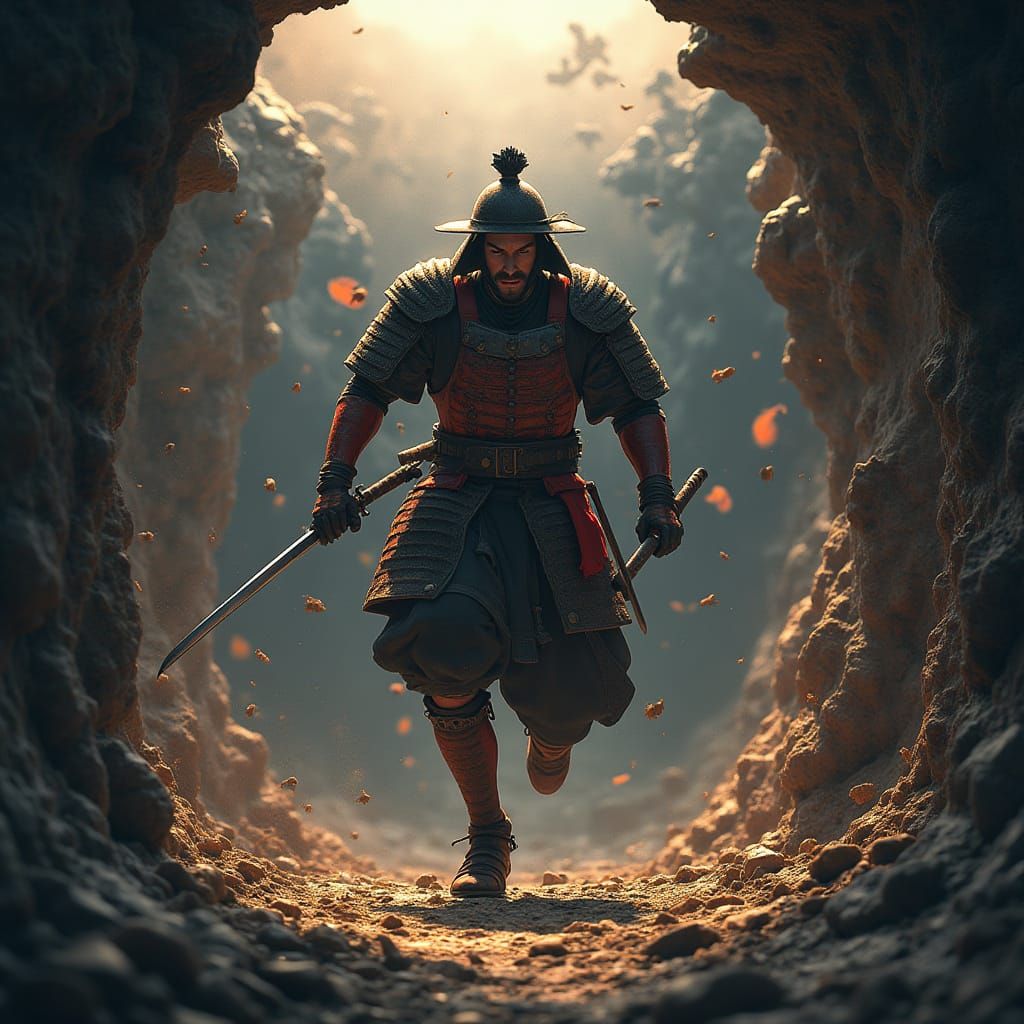 Samurai Falls into Enemy Dugout Amidst Artillery Barrage