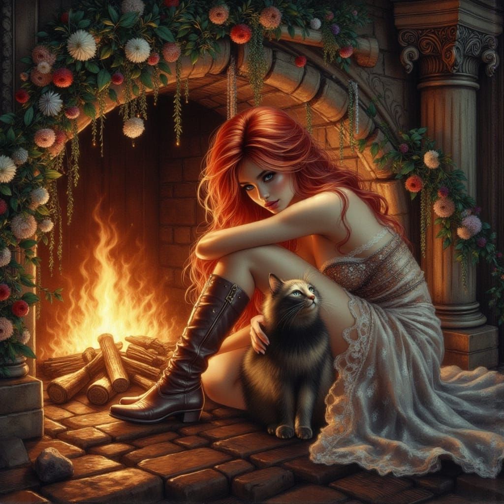 Cozy Woman with Cat by Fireplace