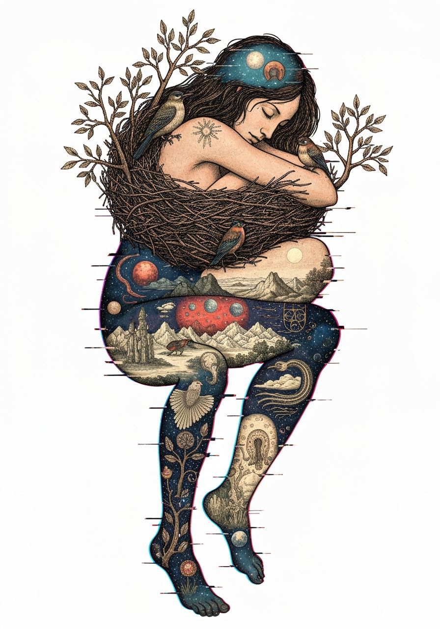 Dreamlike Woman Intertwined with Nature in Concept Art