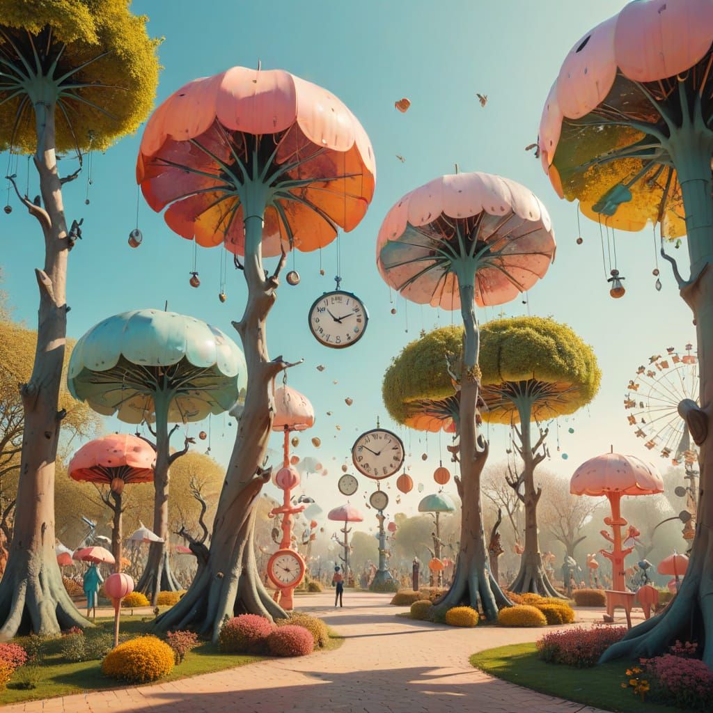 Surrealist Clock Orchard in Dadaism Art Style