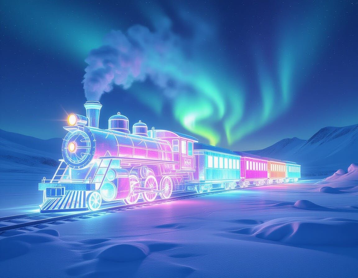 Ice Train of Crystal Carriages on Aurora Tundra