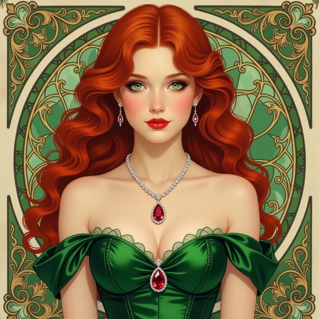 Ruby-Haired Girl with Emerald Eyes, Art Nouveau Style