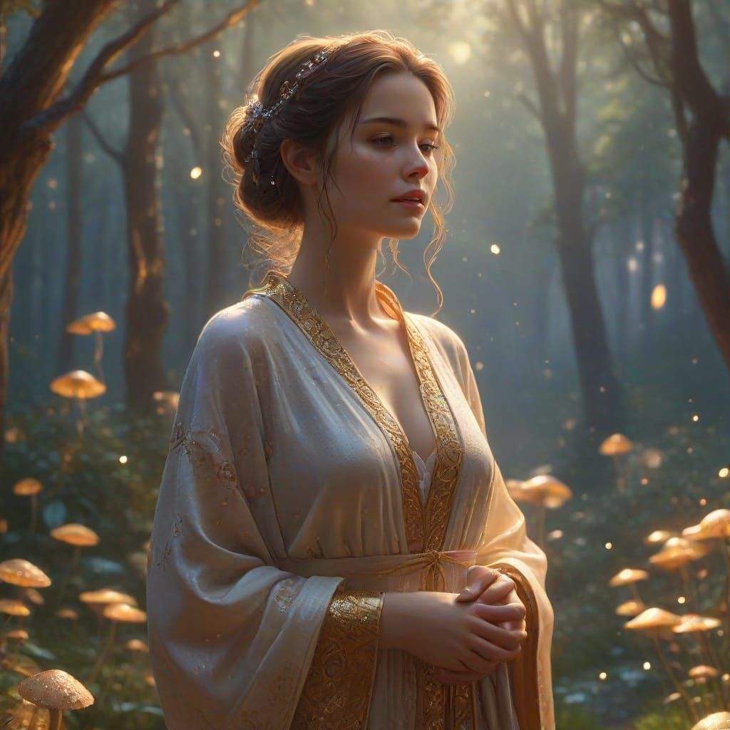 Mystical Woman in Forest with Glowing Mushrooms