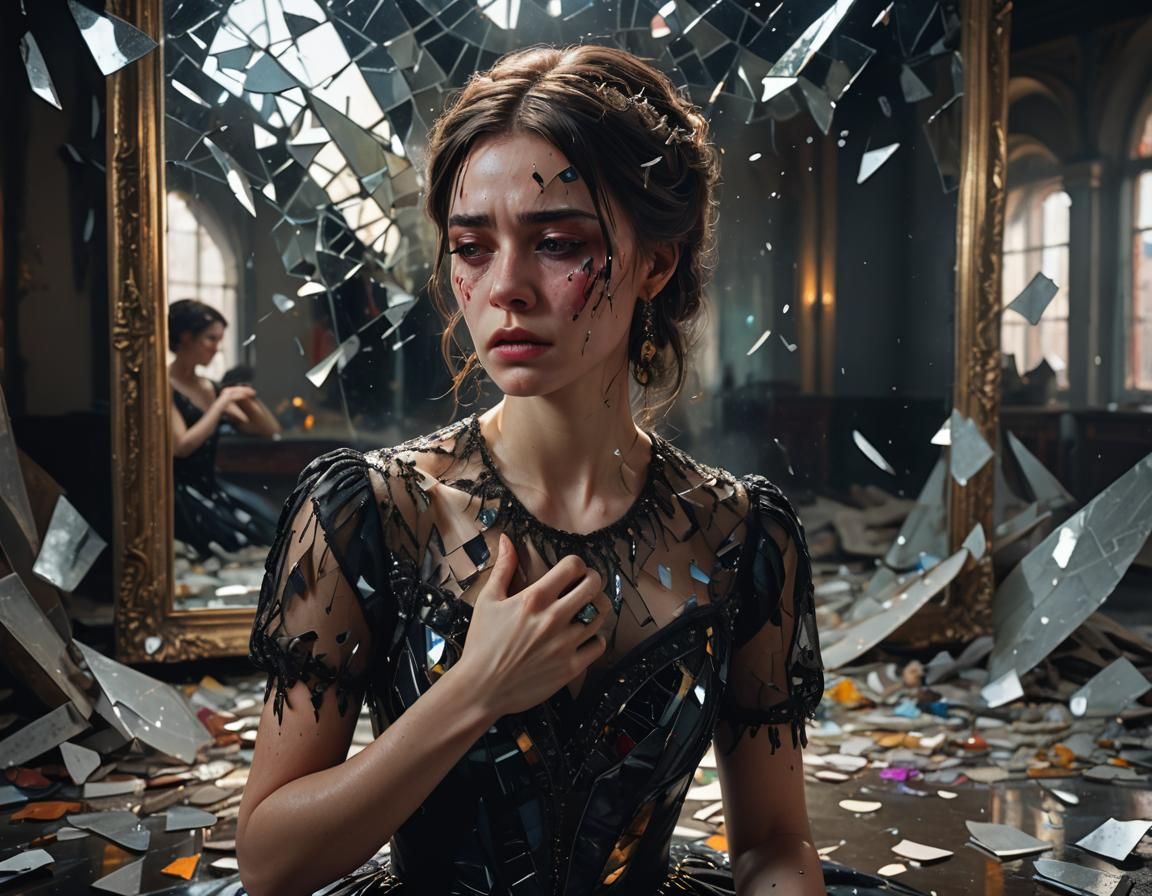 Sorrowful Woman Weeping Before Shattered Mirror
