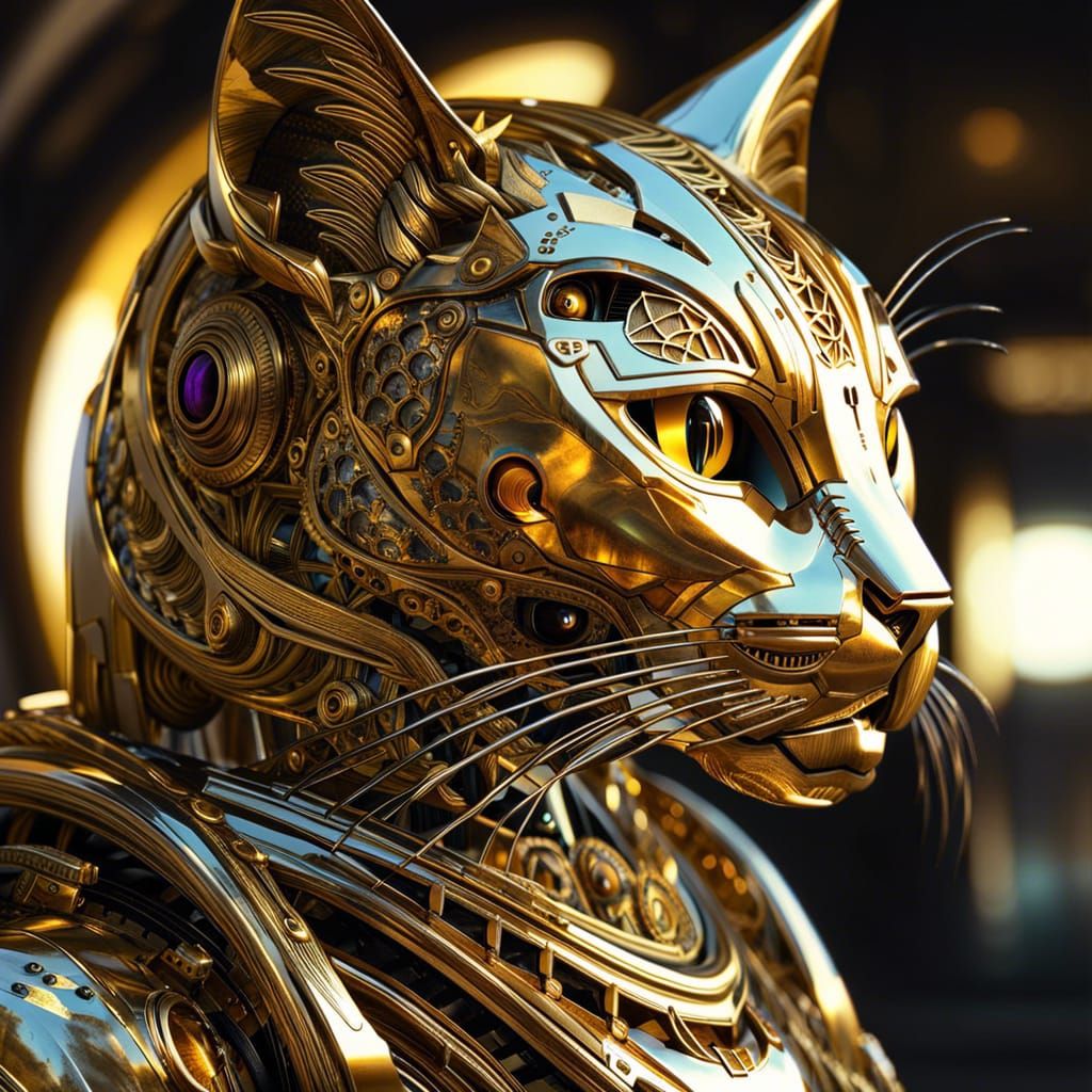 Futuristic Golden Cat Robot in Sci-Fi Fantasy Style