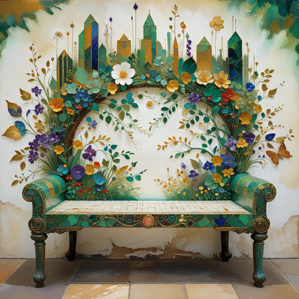 (bench:1.5), Odilon Redon and Milo Manara, green dominant, hues of gold, ochre, carmine, Malachite, Opal, Azurite, ameth...