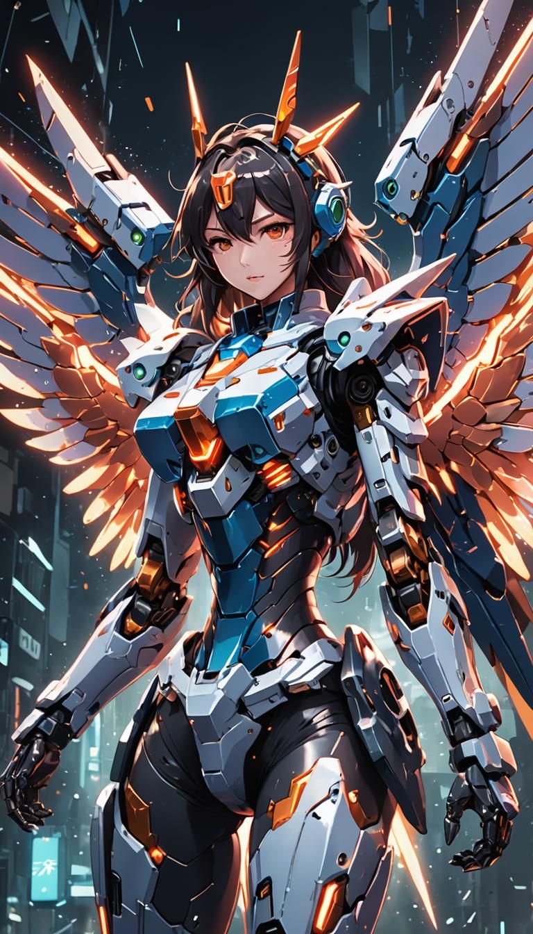 Happy Mecha Girl with Wings in Anime Style