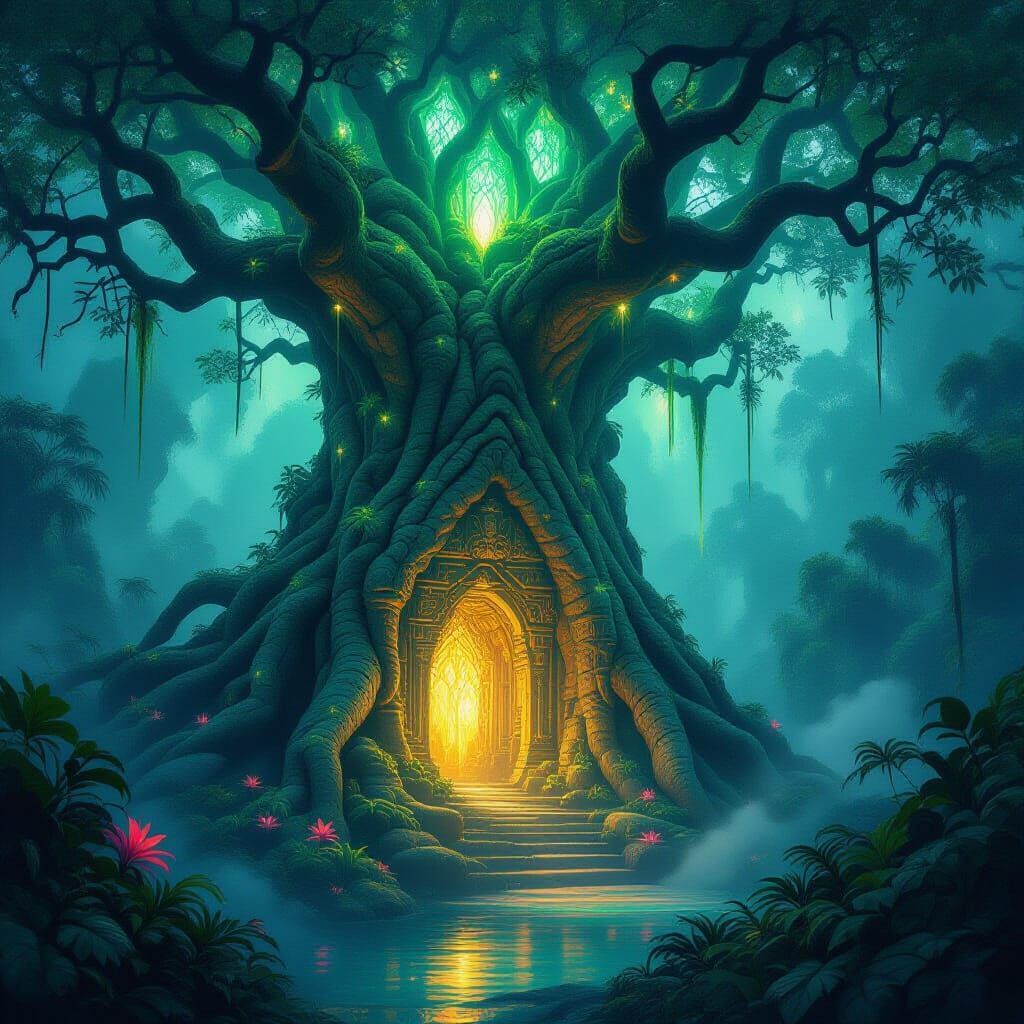 Bioluminescent Temple in Ancient Tree, Mystical Jungle