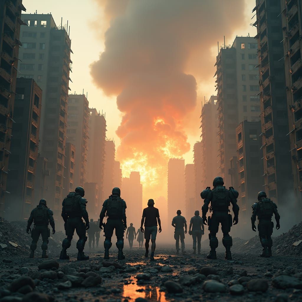 War-Torn Cityscape: Humans and Robots in Apocalyptic Battle
