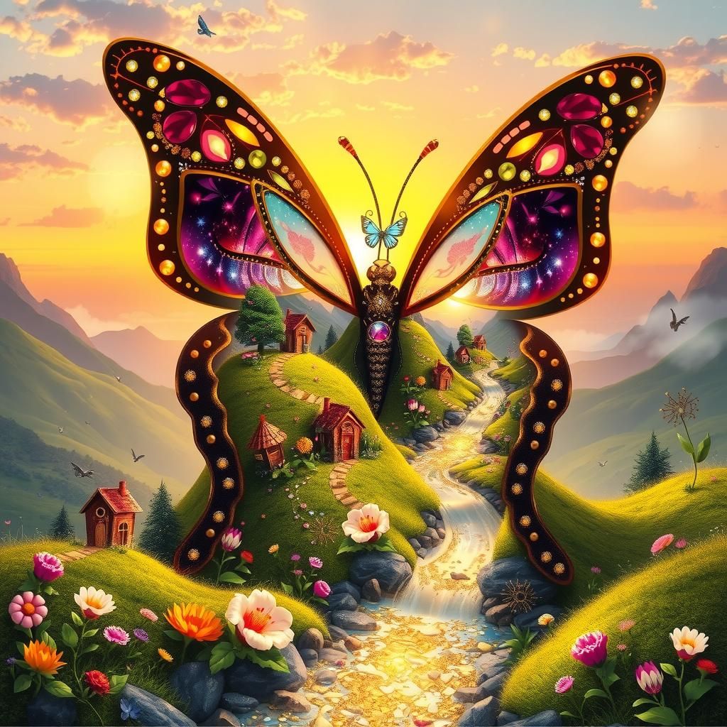 Fairy Wonderland Inside Bejeweled Butterfly Outline