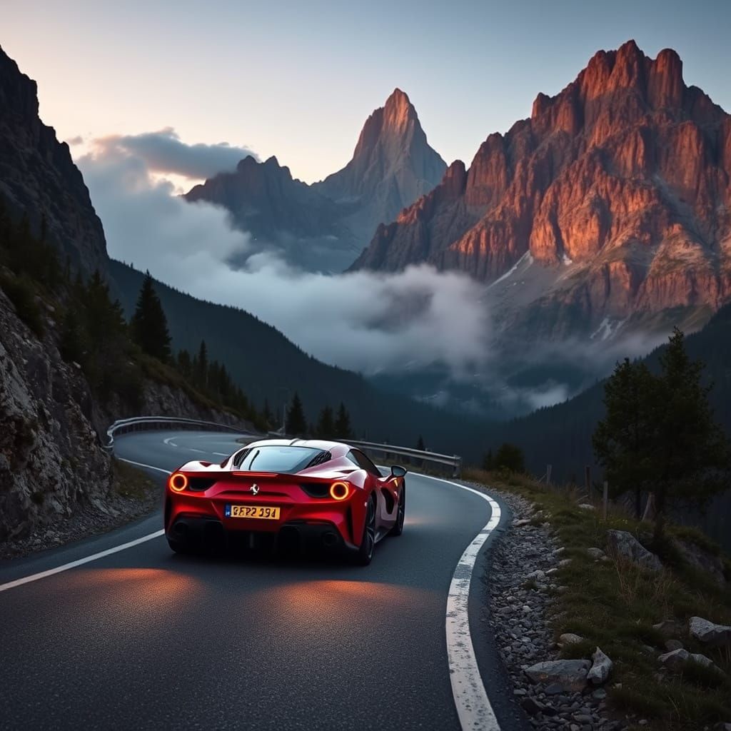 Ferrari F8 Tributo in the Dolomites at Twilight